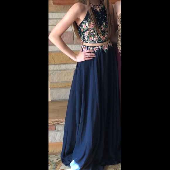 beautiful navy floral prom dress! size x-small - Picture 1 of 2